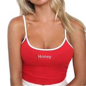 Y2K Sugarhigh Red Crop Tank Top XS White Trim “Honey” Embroidered Ribbed Top